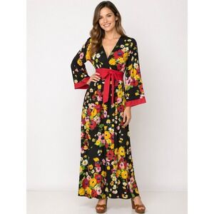 VTG 70s Danville Loungewear Maxi Dress Black Floral 70s Mod Bell Sleeve Womens M
